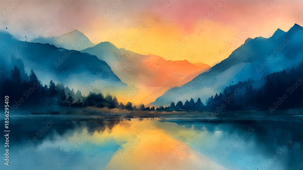 Fototapeta premium Misty Mountain Lake at Sunrise with Vibrant Sky Reflection.