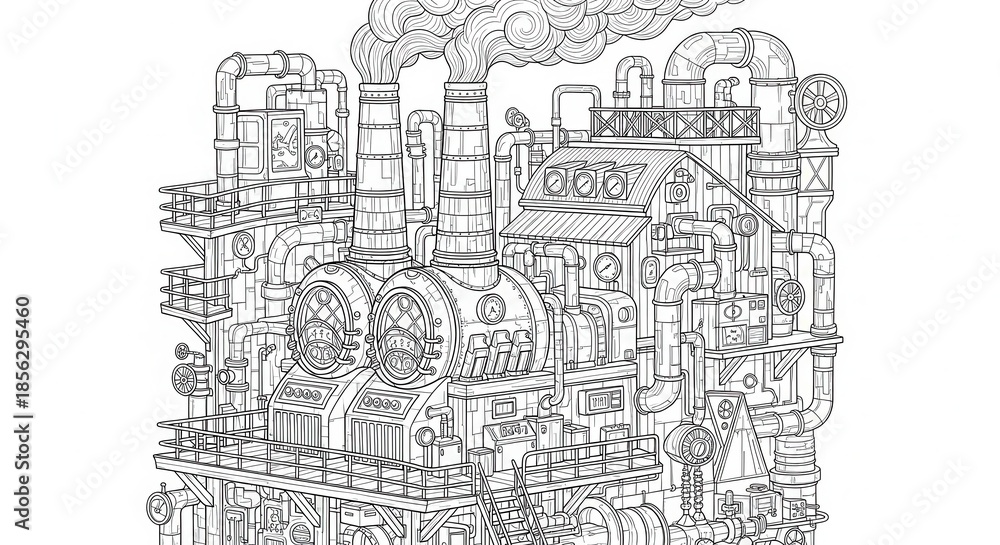Obraz premium Intricate line art depicts a complex industrial facility featuring multiple boilers and smokestacks