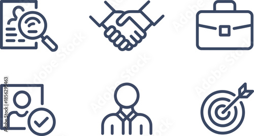 A set of six icons depicting business concepts in a simple line style.