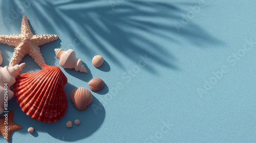 Summer holiday background with seashells and starfish on a blue surface with copy space
