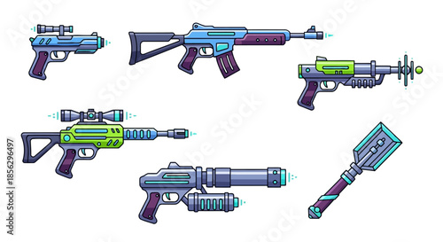 Collection of Futuristic Sci-Fi Ray Guns and Laser Weapons, Ideal for Gaming and Digital Art