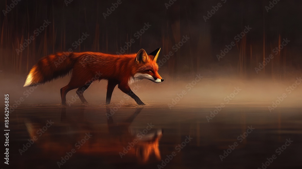 Obraz premium A beautiful red fox walks through the water, its reflection visible below, creating a serene and captivating scene in a natural environment with atmospheric fog