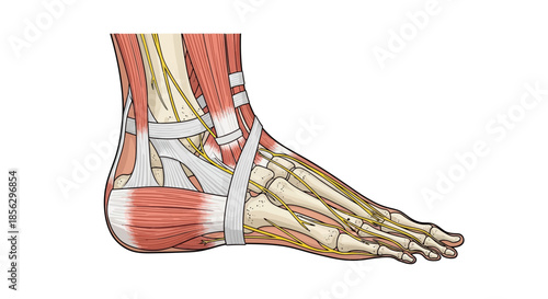Comprehensive anatomical illustration of the human foot, detailing muscles, bones, tendons, and nerve pathways for educational and medical study