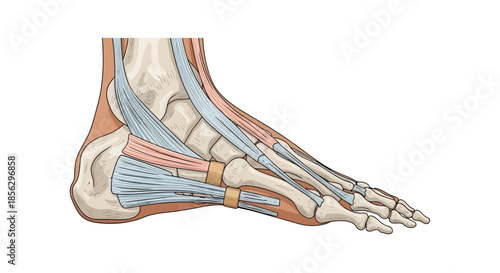 Detailed anatomical illustration showcasing the complex structures of the human foot and ankle, with emphasis on tendons and ligaments
