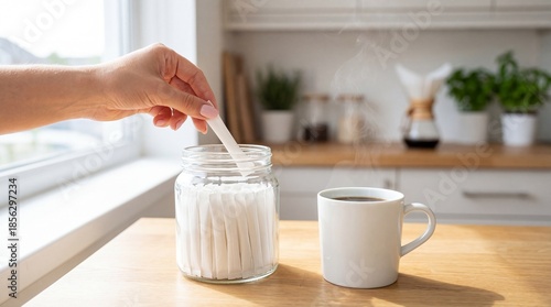 Woman hand taking white sugar packet from glass jar on kitchen counter.