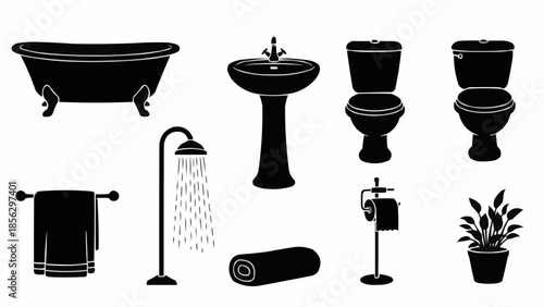 Collection of bathroom fixtures and accessories silhouettes.