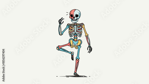 Cartoon skeleton standing on one leg with colorful bones.