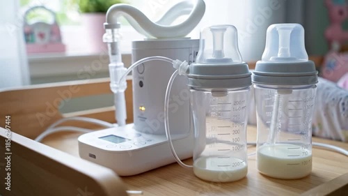 Electric Breast Pump and Baby Bottles with Fresh Milk for Infant Feeding.