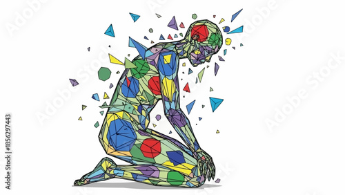 Abstract Human Figure Shattering into Colorful Geometric Shapes.