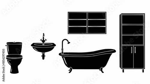 Bathroom furniture silhouette collection isolated on white background.