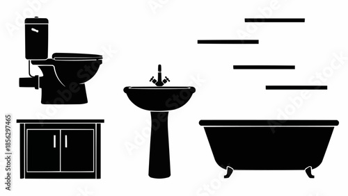 Bathroom fixtures silhouette including toilet sink bathtub and cabinet.