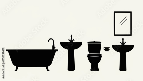 Black silhouette of bathroom fixtures including a bathtub sink and toilet.