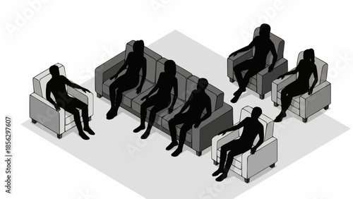 Group of people sitting on sofas and chairs in a waiting room.