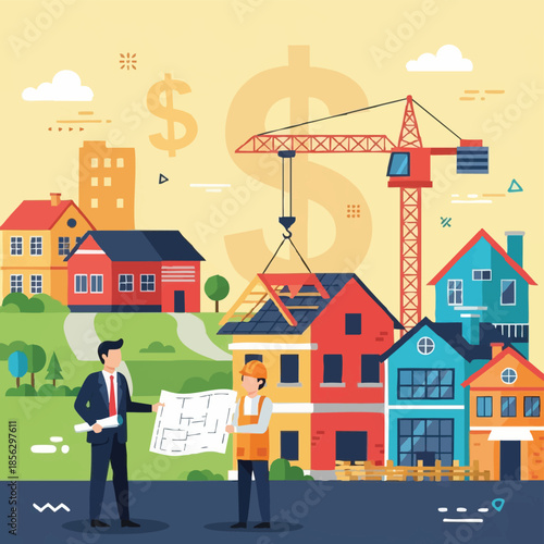 Real Estate Investment Concept with Crane and Houses.