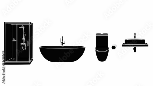 Modern Bathroom Fixtures Silhouette Collection Isolated White Background.