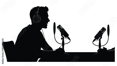 Silhouette profile of a male podcaster wearing headphones speaking into a professional studio microphone during a broadcast recording session with a second guest mic visible