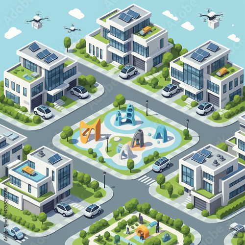 Sustainable eco-friendly modern houses with solar panels and drones.