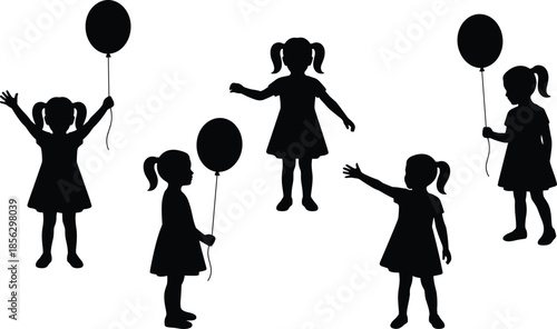 Little girl balloon silhouette set isolated on white background, playful childhood innocence celebration concept black vector illustration collection