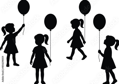 Little girl silhouette holding balloon set isolated on white background, childhood innocence celebration concept black vector illustration collection