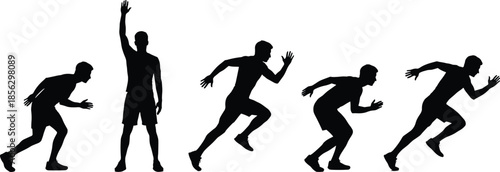 Male athlete running silhouette sequence isolated on white background, sprint start motion speed fitness training concept black vector illustration