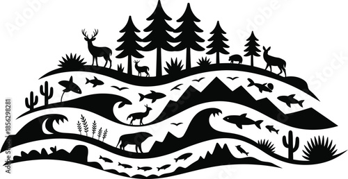 Black silhouette landscape with animals and trees on a hill.