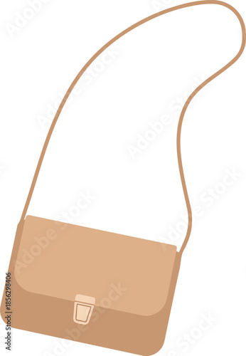A tan purse with a long strap on an isolated