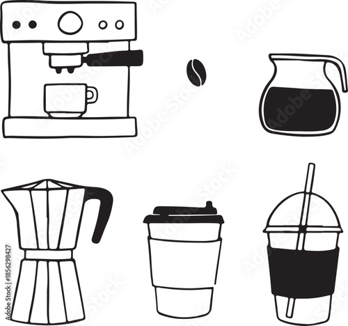 Black and white illustration of coffee maker and coffee accessories isolated on