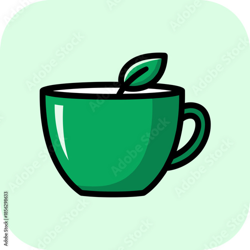 Illustration of a green cup with a leaf, representing herbal tea.