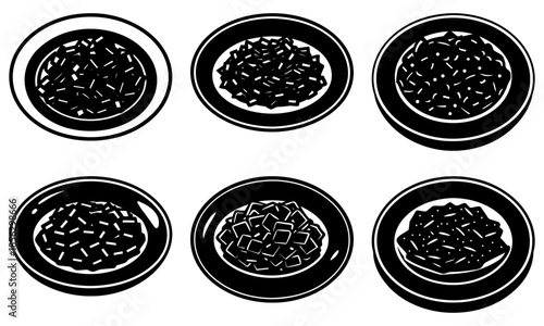 Six Plates with Different Types of Cooked Food in Black Silhouette Style on White Background different types of food