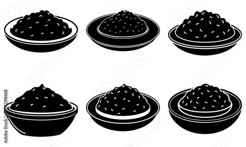 Six Bowls of Black Food on Plates with Transparent Background white background