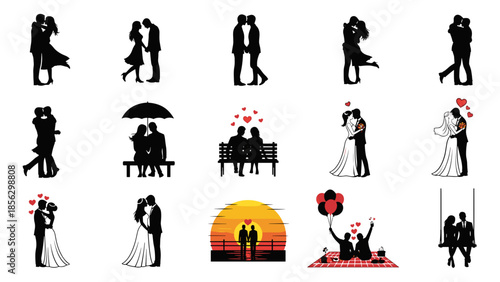 Collection of romantic wedding silhouettes for valentines day