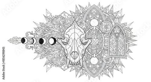 Intricate monochromatic illustration depicts a carnivorous animal skull surrounded by complex gothic and celestial elements