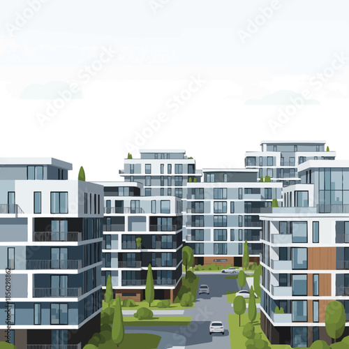 Modern apartment buildings with green spaces.