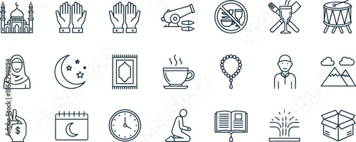 Islamic religious outline icon set featuring Ramadan prayer mosque charity halal faith symbols for spiritual education web and app designWeb