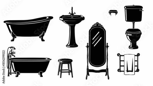Collection of vintage bathroom fixtures and furniture in silhouette.