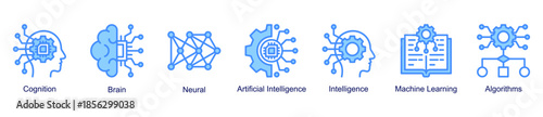 Artificial Mind web banner icon illustration featuring cognition, brain, neural networks, artificial intelligence, intelligence, machine learning, and algorithms