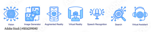 Intelligent Vision banner icon illustration combining visual systems, immersive technology, speech recognition, search, and virtual assistant features