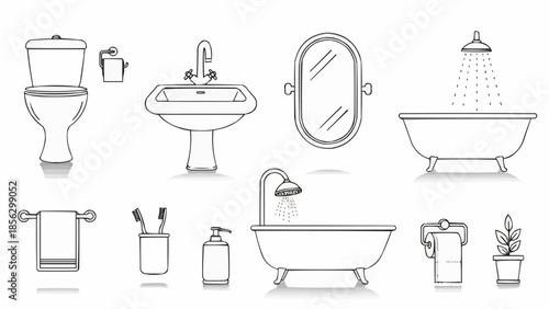 Collection of bathroom fixtures and accessories line art.