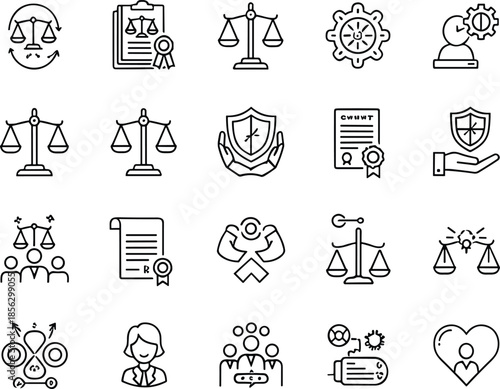 Legal justice and compliance line icons set featuring law balance, protection, certification, governance, ethics and corporate responsibility symbols for UI design