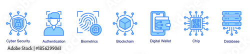 Cyber Security web banner icon vector emphasizing authentication, biometrics, blockchain security, secure databases, and digital transactions