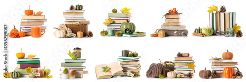 Set of many books, pumpkins...