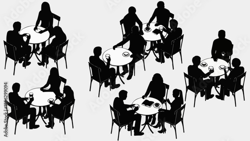 Silhouettes of people sitting at tables in a cafe or restaurant.