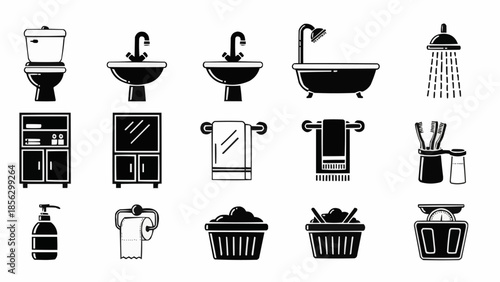 Collection of bathroom icons and symbols in black and white.