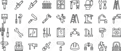 Minimal construction and repair tools line icons set featuring plumbing, electrical, carpentry, maintenance symbols for web, app, and UI design