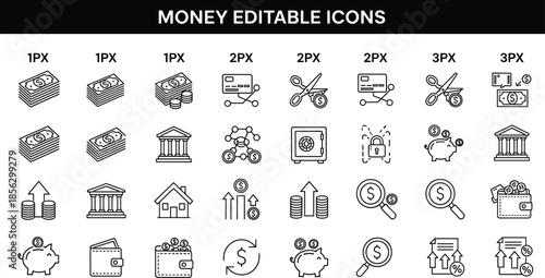 Money editable line icons set featuring banking, savings, payments, investment, growth and finance symbols for web and app designWeb