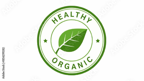 Healthy Organic Food Label Stamp With Green Leaf.