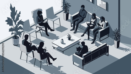 Group of people sitting in a modern waiting room with laptops.