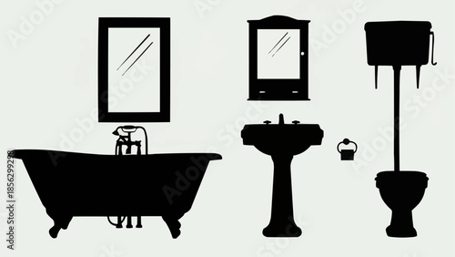 Silhouette of a vintage bathroom with bathtub sink and toilet.