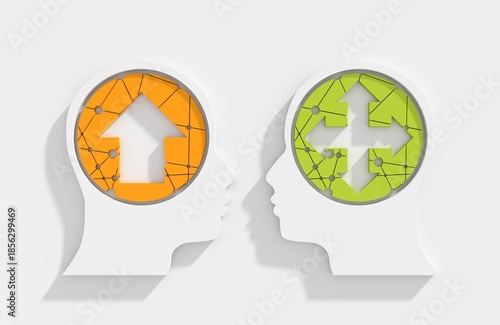 Head with arrows icon. Making decisions. Versatility, opportunities, mental flexibility. Multi way vs one way direction. Mind full of choices. Different directions in life. Mind diversity. 3D render