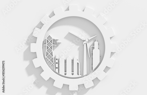 Energy generation icons inside a gear. Energy and power supply industry. 3D render
